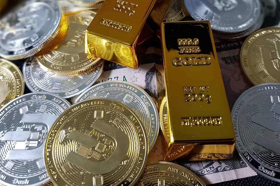 gold bars-bitcoins-paper money
